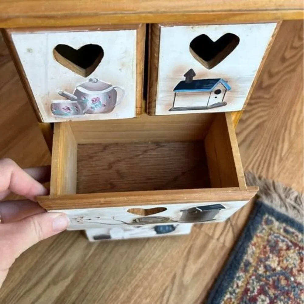 Hand Painted Wooden Mini Chest 5 Drawer Tabletop Organizer with Heart Cutouts